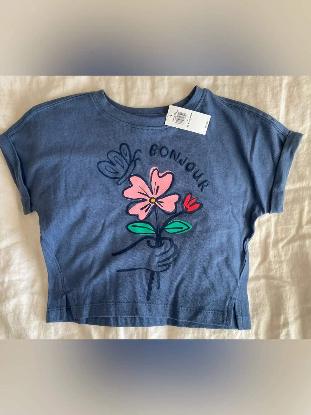 NWT Kids Blue 'Bonjour' Flower Graphic Tee (Size 2T)